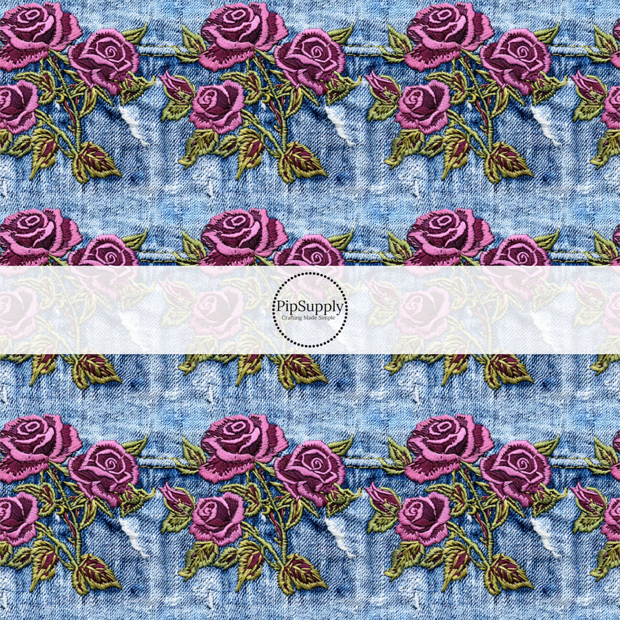 These spring fabric by the yard features embroidered rose flowers on denim pattern. This fun pattern fabric can be used for all your sewing and crafting needs!