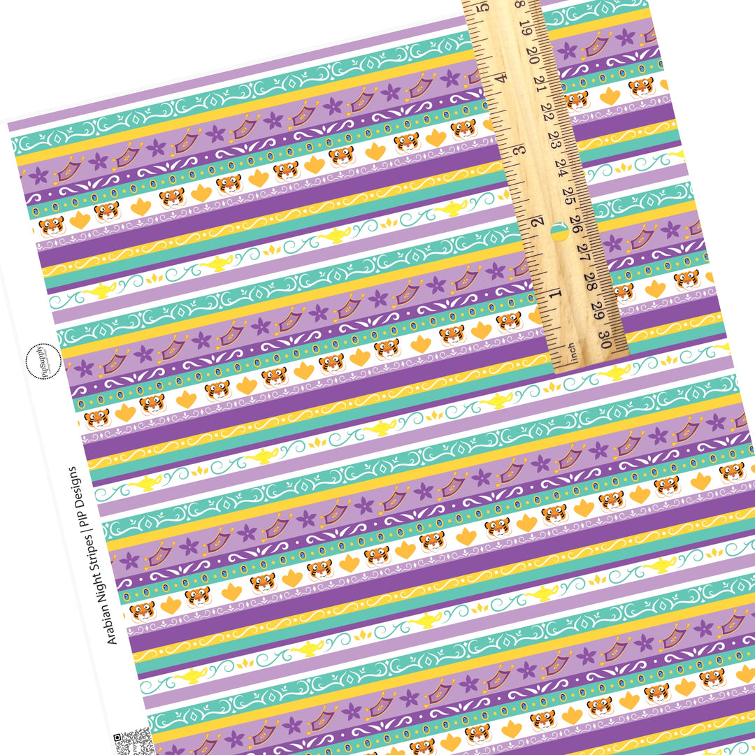 Flying rug, tigers, oil lamp, and swirls on princess stripes faux leather sheets