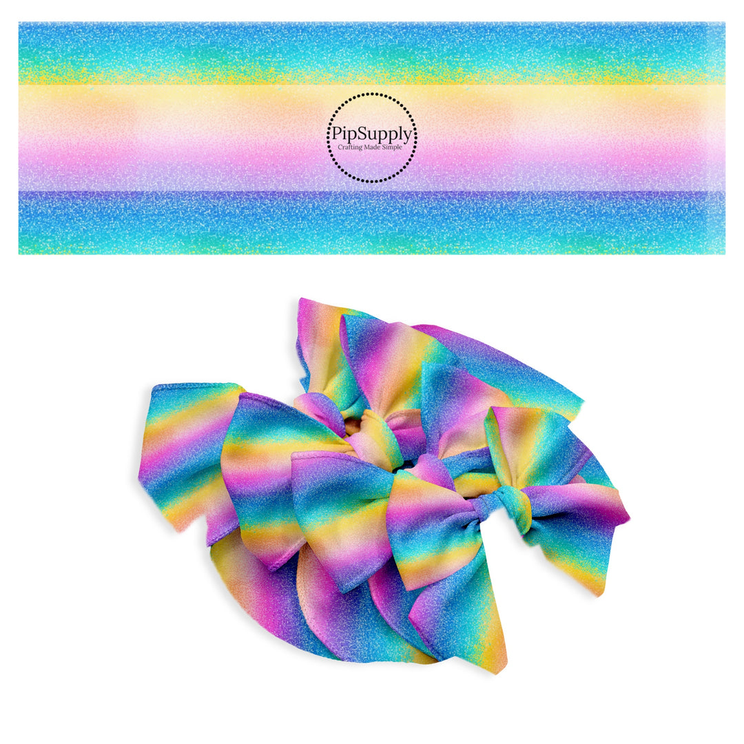 These beach themed pattern no sew bow strips can be easily tied and attached to a clip for a finished hair bow. These festive bow strips are great for personal use or to sell. These bow strips feature the following design elements: rainbow ombre sand.