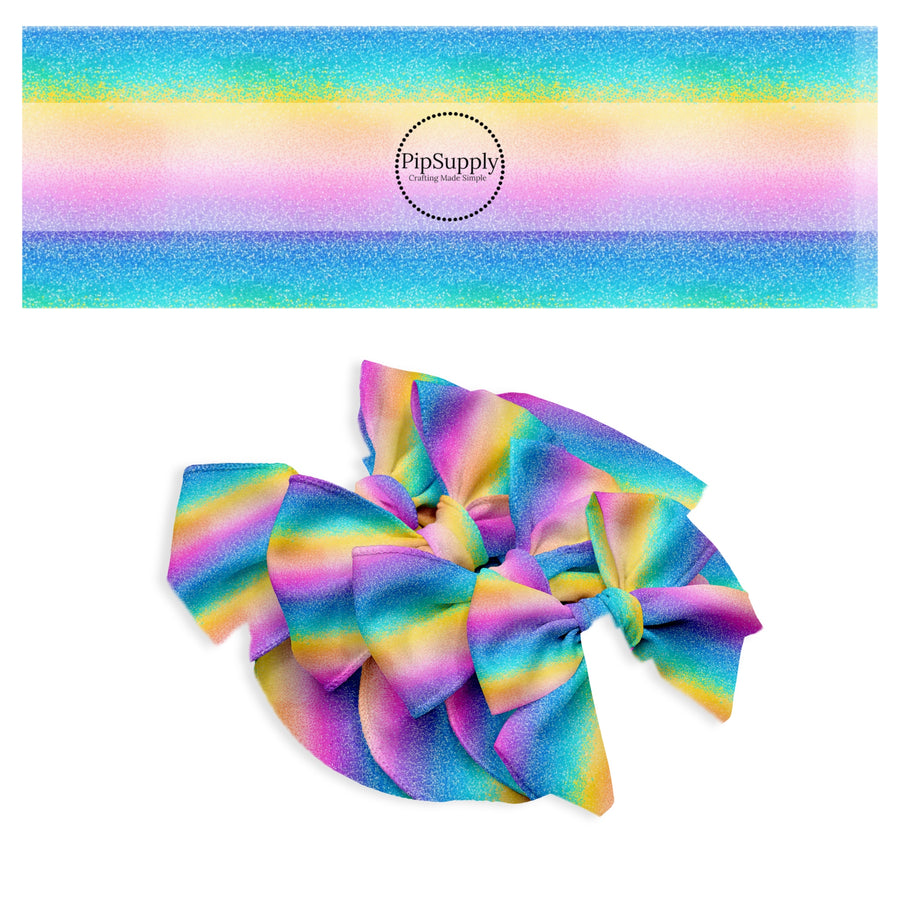 These beach themed pattern no sew bow strips can be easily tied and attached to a clip for a finished hair bow. These festive bow strips are great for personal use or to sell. These bow strips feature the following design elements: rainbow ombre sand.