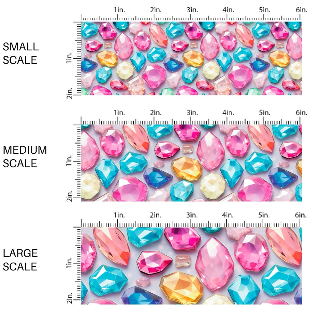 These gemstone themed fabric by the yard features colorful and bright realistic gemstones. This fun pattern fabric can be used for all your sewing and crafting needs!