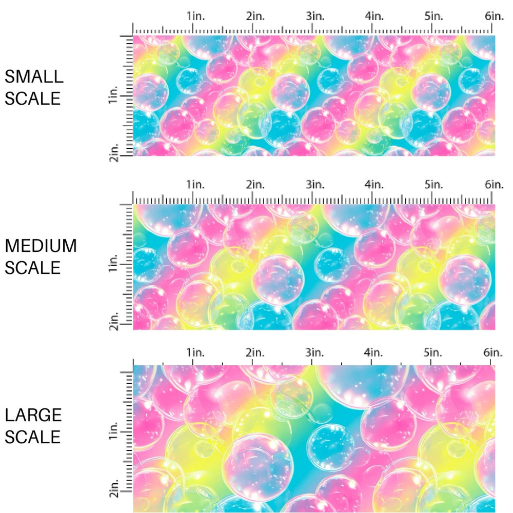These bubble themed fabric by the yard features realistic rainbow bubbles. This fun pattern fabric can be used for all your sewing and crafting needs!
