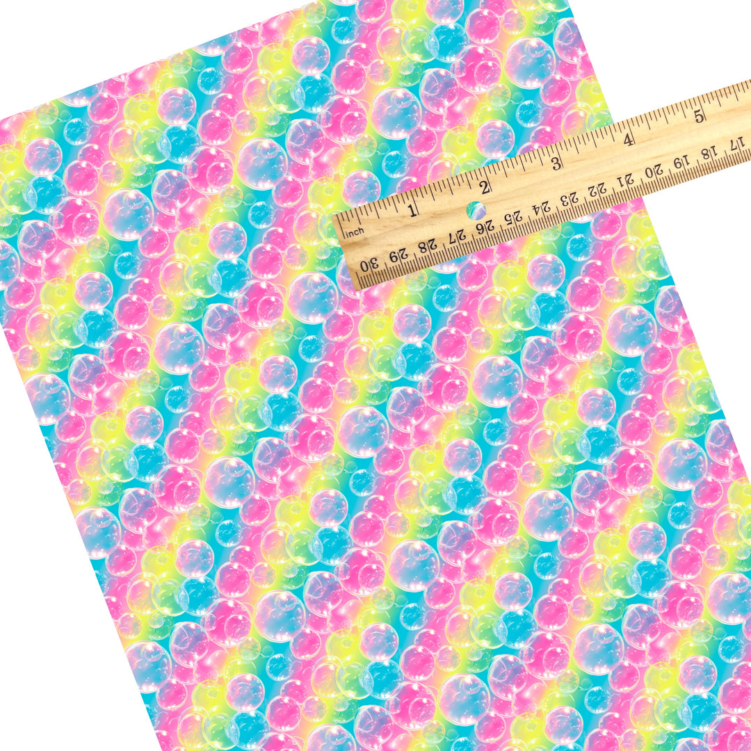 These bubble themed faux leather sheets contain the following design elements: realistic rainbow bubbles. Our CPSIA compliant faux leather sheets or rolls can be used for all types of crafting projects.