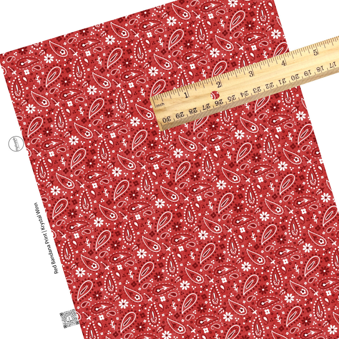 These patriotic and western red faux leather sheets contain the following design elements: white, red, and dark red bandana pattern.