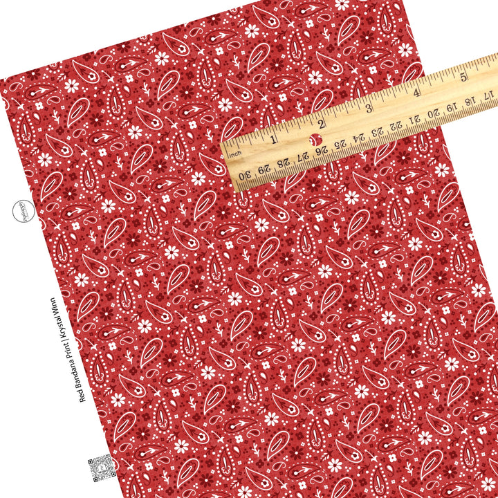 These patriotic and western red faux leather sheets contain the following design elements: white, red, and dark red bandana pattern.