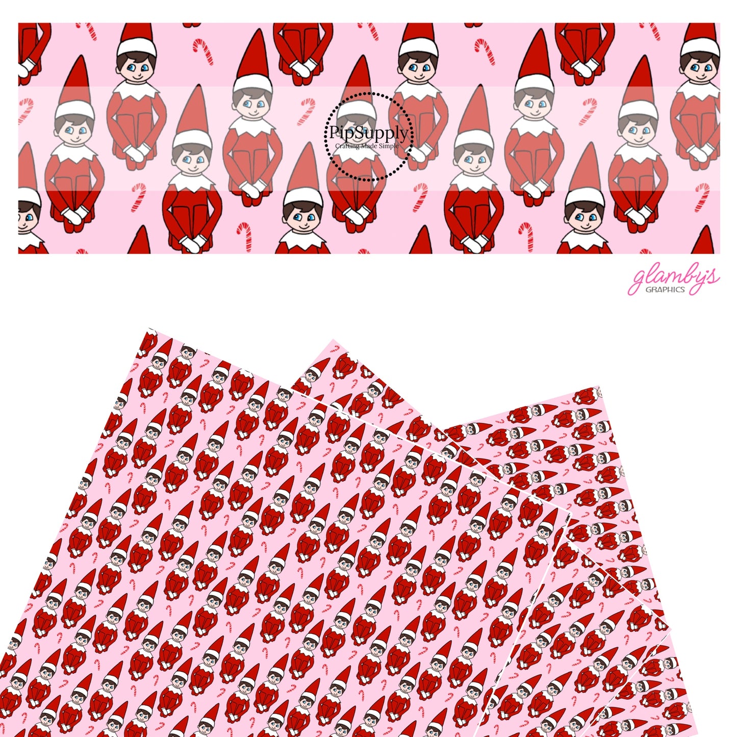 Elves and candy canes on pink faux leather sheets