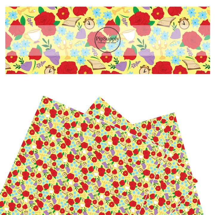 Red roses, candle, clock, books, and purple flowers on yellow faux leather sheets