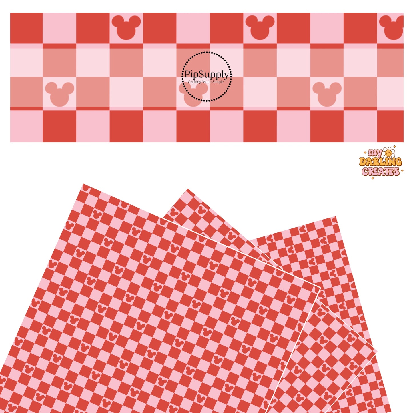 Red mouse heads on pink tiles with red checker faux leather sheets