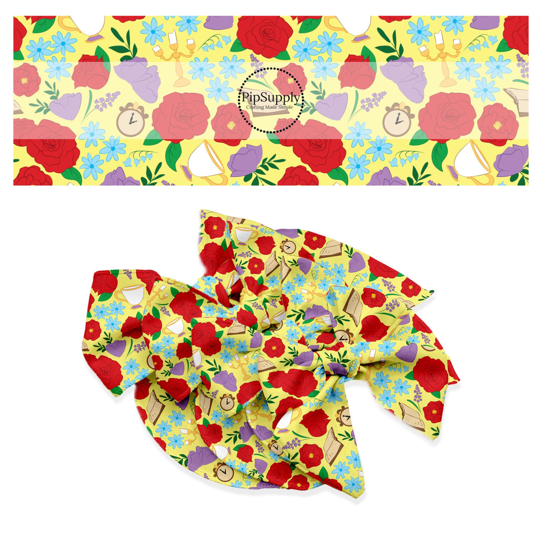 Tea cup, clock, books, candlestick, and flowers on yellow hair bow strips