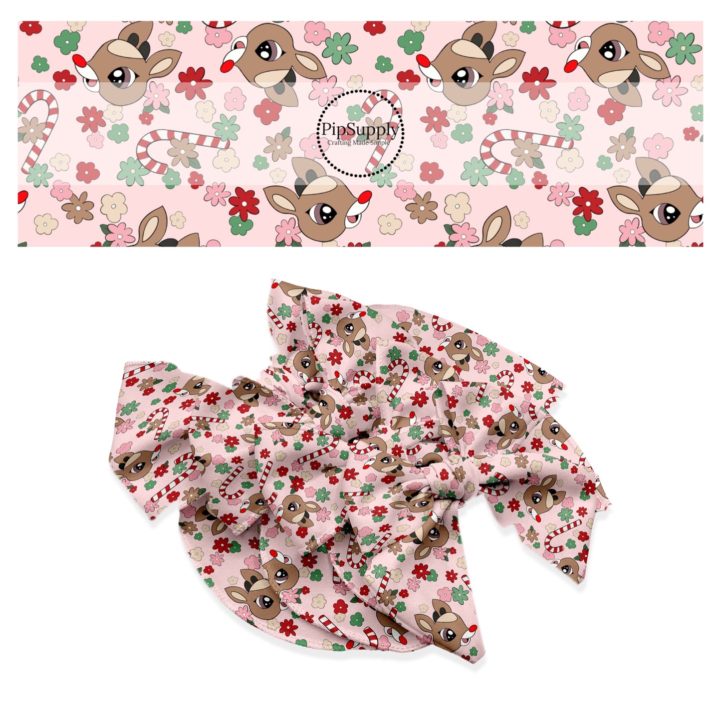 Reindeer with flowers and candy canes on pink hair bow strips