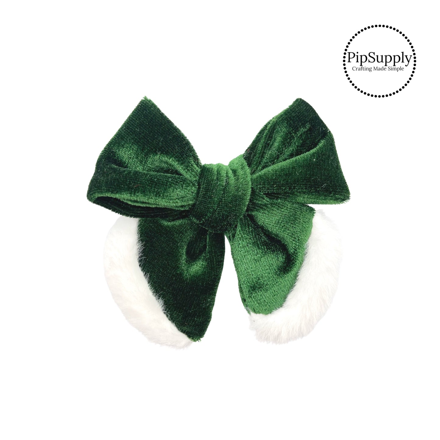 white fur on ends of green tied hair bow strip