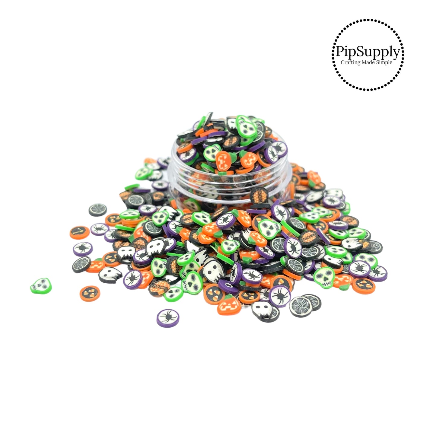 Ghost, skeletons, pumpkins, spiders, candy, and boo circles clay slices