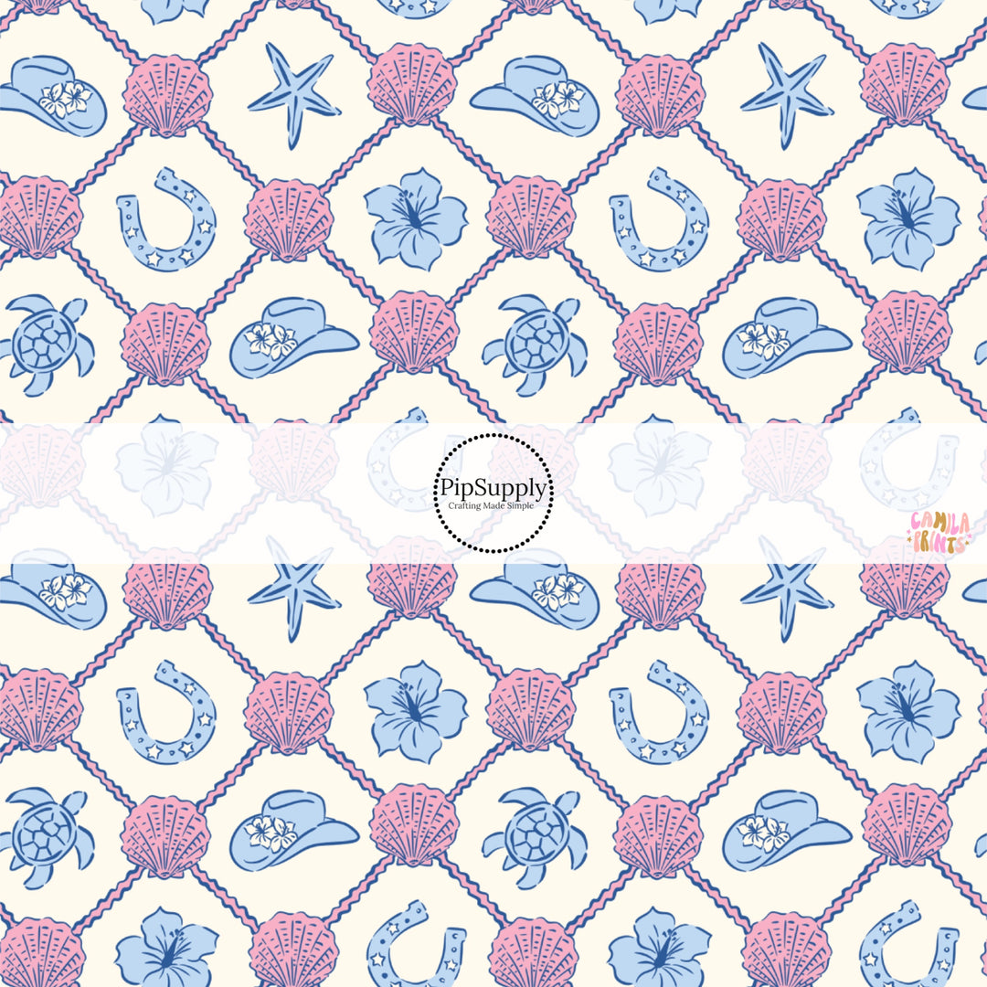 These beach themed fabric by the yard features sea shells and horseshoes in a lattice pattern. This fun pattern fabric can be used for all your sewing and crafting needs!