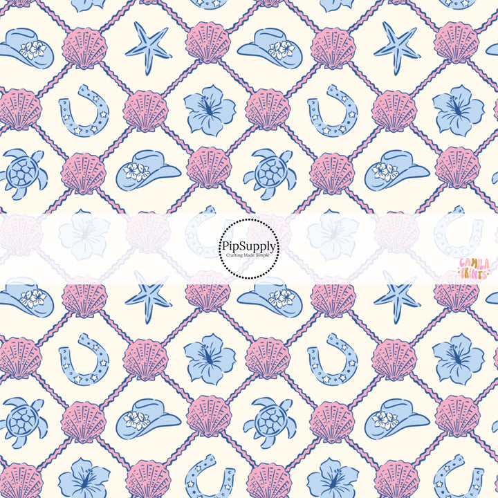 These beach themed fabric by the yard features sea shells and horseshoes in a lattice pattern. This fun pattern fabric can be used for all your sewing and crafting needs!