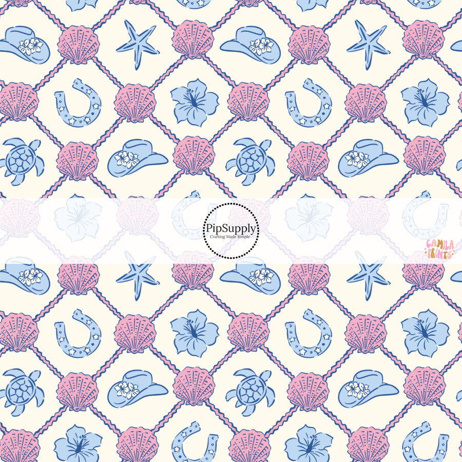 These beach themed fabric by the yard features sea shells and horseshoes in a lattice pattern. This fun pattern fabric can be used for all your sewing and crafting needs!