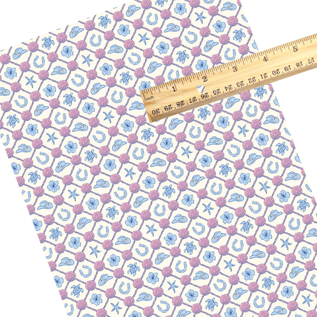 These beach themed faux leather sheets contain the following design elements: sea shells and horseshoes in a lattice pattern. Our CPSIA compliant faux leather sheets or rolls can be used for all types of crafting projects.