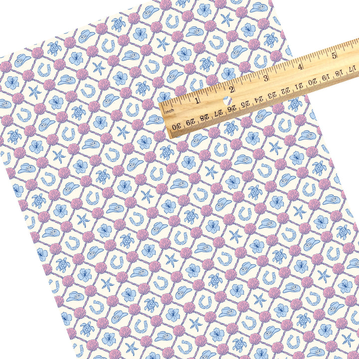 These beach themed faux leather sheets contain the following design elements: sea shells and horseshoes in a lattice pattern. Our CPSIA compliant faux leather sheets or rolls can be used for all types of crafting projects.