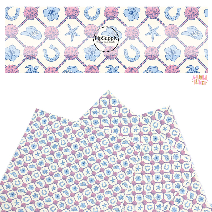 These beach themed faux leather sheets contain the following design elements: sea shells and horseshoes in a lattice pattern. Our CPSIA compliant faux leather sheets or rolls can be used for all types of crafting projects.