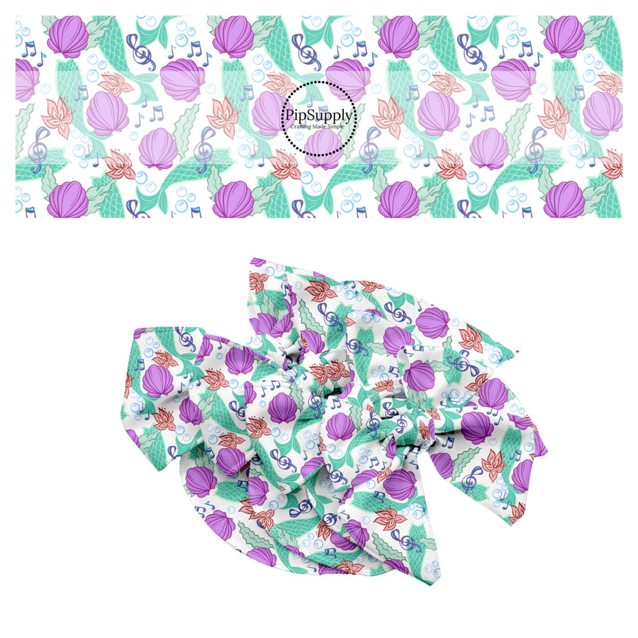 These magical princess themed no sew bow strips can be easily tied and attached to a clip for a finished hair bow. These bow strips are great for personal use or to sell. These bow strips feature the following design elements: sea shells, mermaid tails, and musical notes.