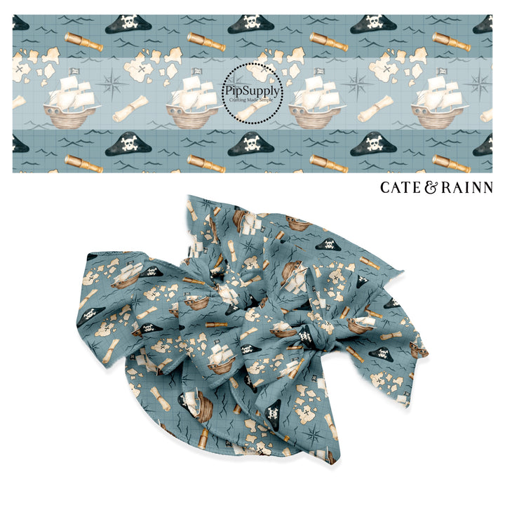 These pirate themed blue no sew bow strips can be easily tied and attached to a clip for a finished hair bow. These fun ocean themed bow strips are great for personal use or to sell. The bow stripes features pirate ships, treasure maps, compasses, crossbones and skulls on dark blue.