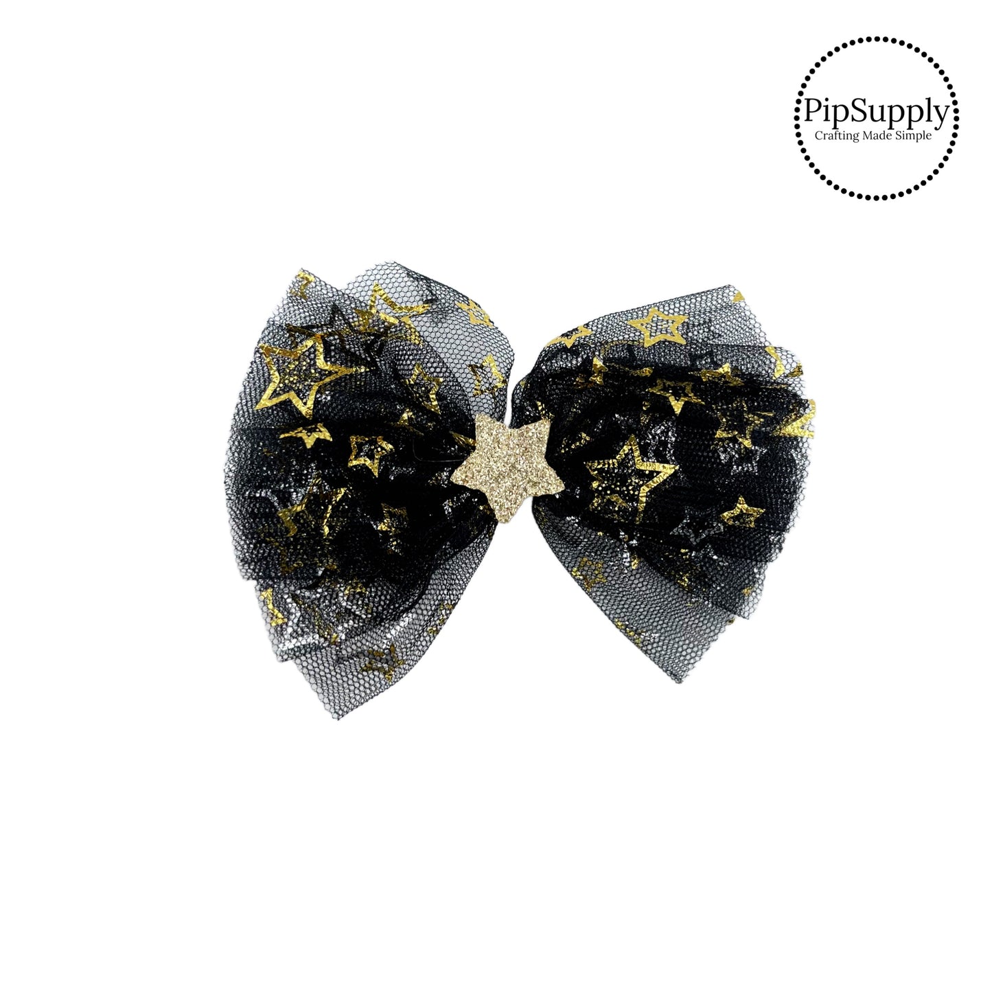 Gold stars on black tulle hair bow