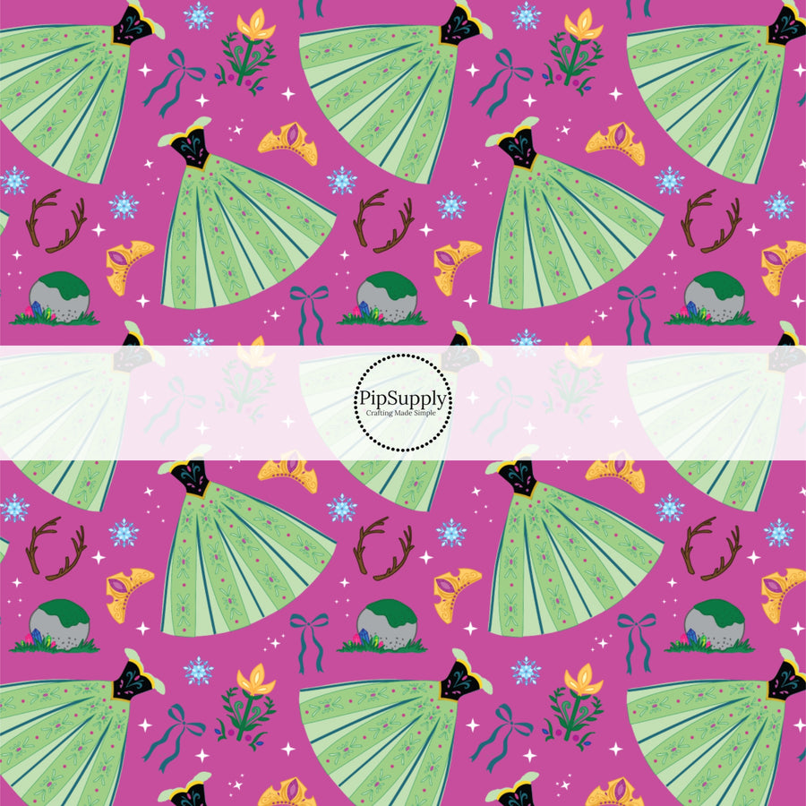 These magical princess themed fabric by the yard features dresses, tiaras, and bows on purple. This fun pattern fabric can be used for all your sewing and crafting needs!