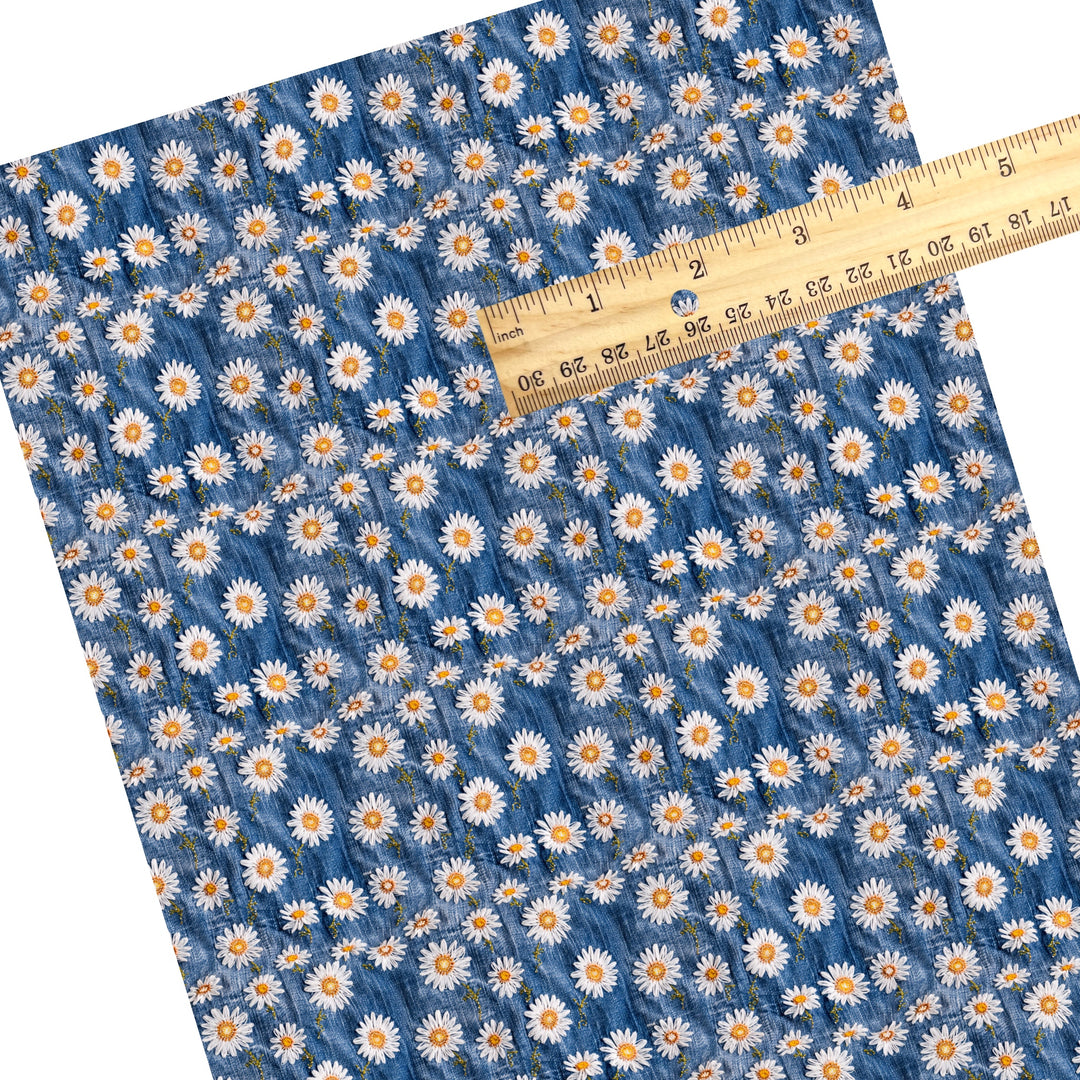 These spring faux leather sheets contain the following design elements: embroidered daisies on denim pattern. Our CPSIA compliant faux leather sheets or rolls can be used for all types of crafting projects.