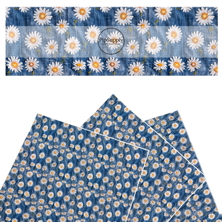 These spring faux leather sheets contain the following design elements: embroidered daisies on denim pattern. Our CPSIA compliant faux leather sheets or rolls can be used for all types of crafting projects.