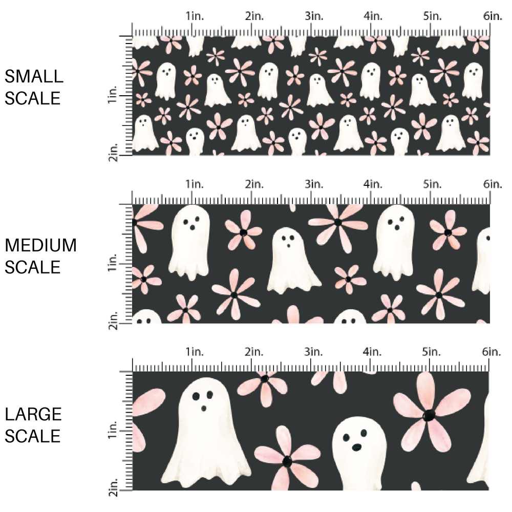 This scale chart of small scale, medium scale, and large scale of these Halloween themed black fabric by the yard features ghosts and floral pink daisies on black. This fun spooky themed fabric can be used for all your sewing and crafting needs!