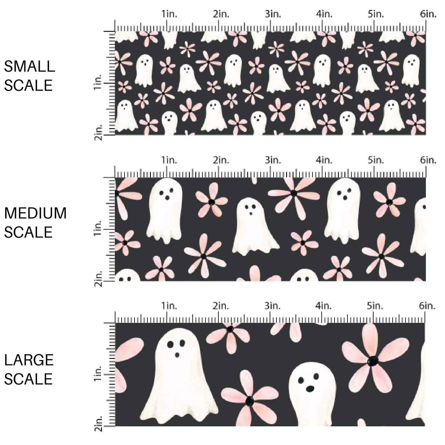 This scale chart of small scale, medium scale, and large scale of these Halloween themed black fabric by the yard features ghosts and floral pink daisies on black. This fun spooky themed fabric can be used for all your sewing and crafting needs!