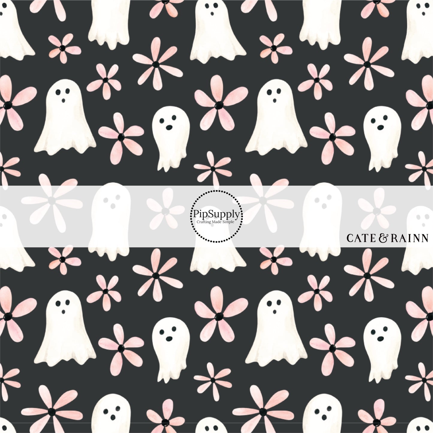 These Halloween themed black fabric by the yard features ghosts and floral pink daisies on black. This fun spooky themed fabric can be used for all your sewing and crafting needs!