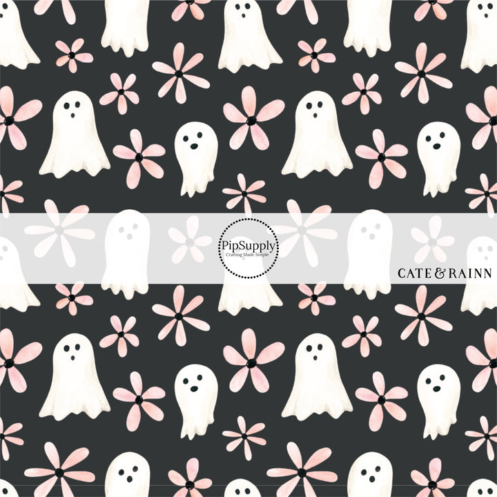 These Halloween themed black fabric by the yard features ghosts and floral pink daisies on black. This fun spooky themed fabric can be used for all your sewing and crafting needs!