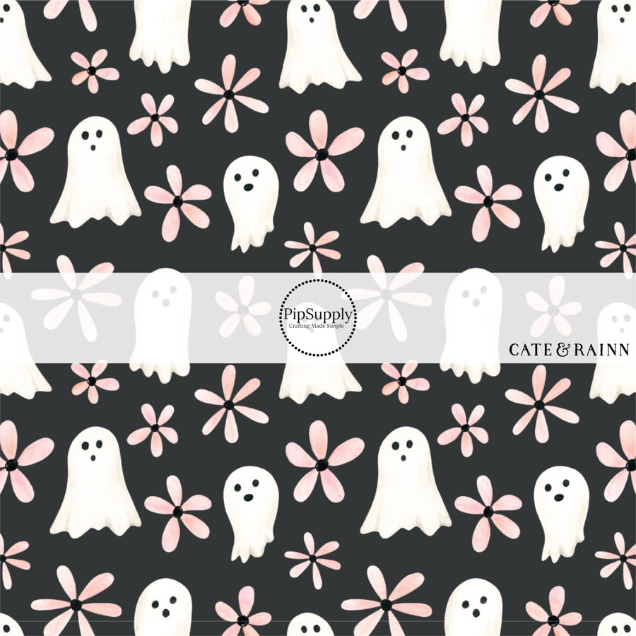 These Halloween themed black fabric by the yard features ghosts and floral pink daisies on black. This fun spooky themed fabric can be used for all your sewing and crafting needs!
