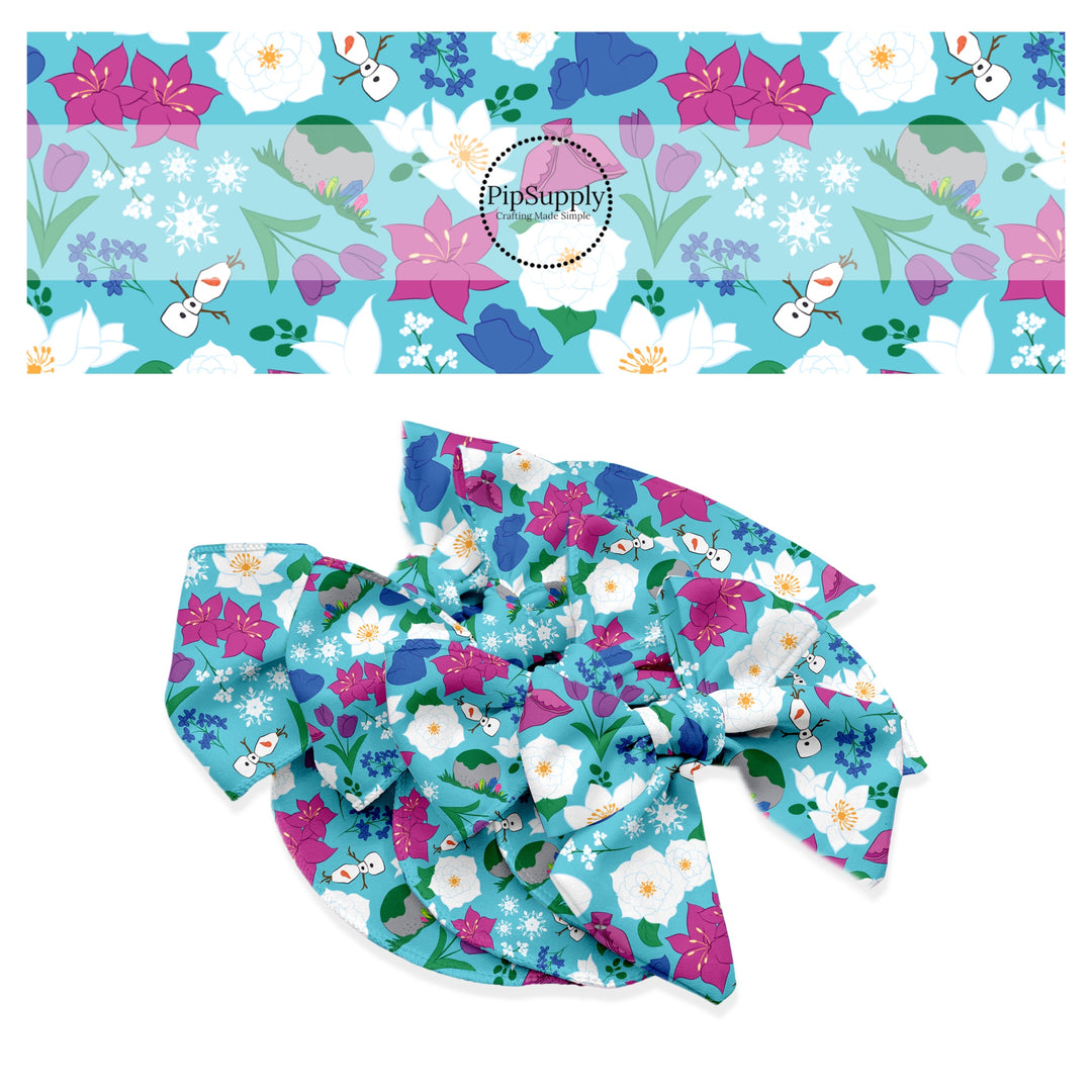 Snowman, flowers, and rocks on blue hair bow strips