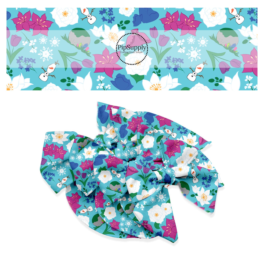 Snowman, flowers, and rocks on blue hair bow strips