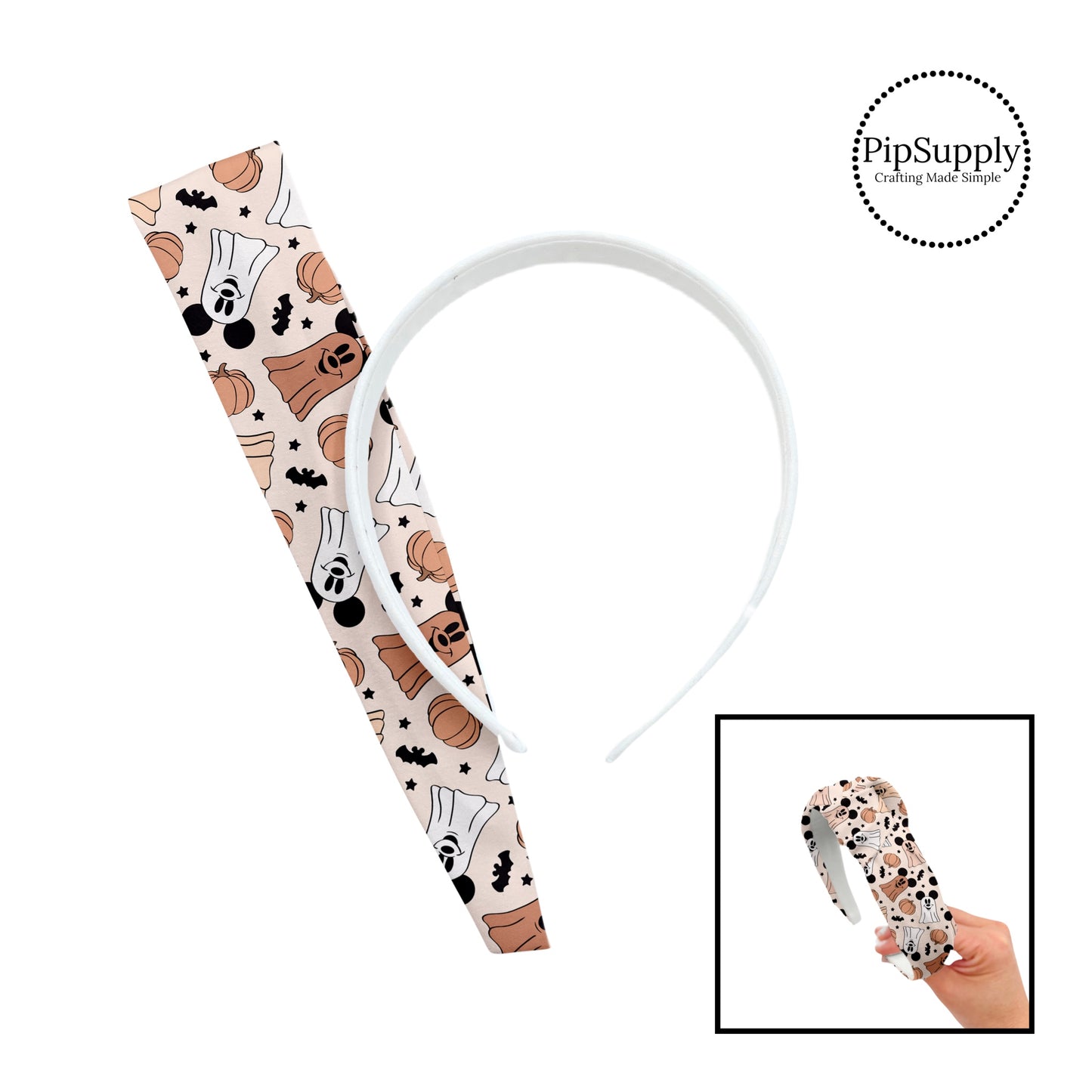White and browm ghosts with mouse ears and bats knotted headband kit