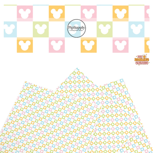 This magical inspired faux leather sheets contain the following design: pastel multi colored checker pattern with mouse ears on cream. Our CPSIA compliant faux leather sheets or rolls can be used for all types of crafting projects.