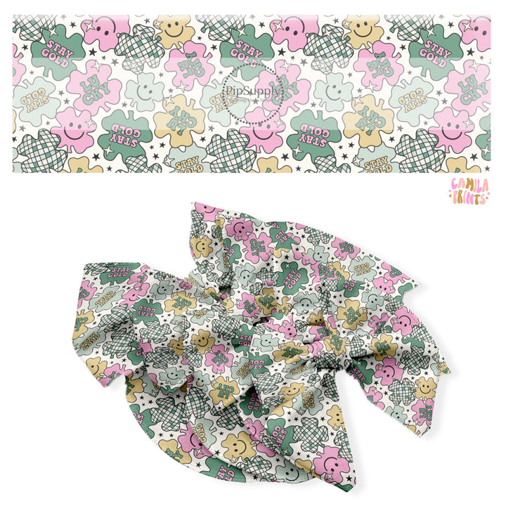 These holiday no sew bow strips can be easily tied and attached to a clip for a finished hair bow. These festive bow strips are great for personal use or to sell. These bow strips feature the following design elements: clovers with disco pattern, smiley faces, and sayings.