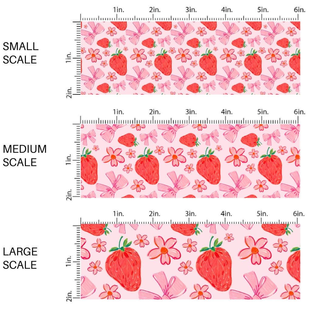 This fruit fabric by the yard features red strawberries, bows, and flowers on pink. This fun pattern fabric can be used for all your sewing and crafting needs!