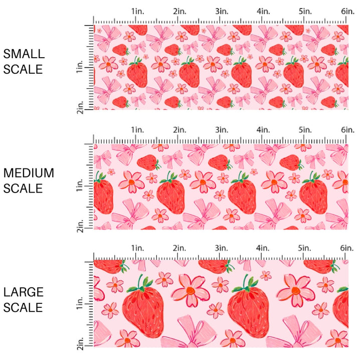 This fruit fabric by the yard features red strawberries, bows, and flowers on pink. This fun pattern fabric can be used for all your sewing and crafting needs!