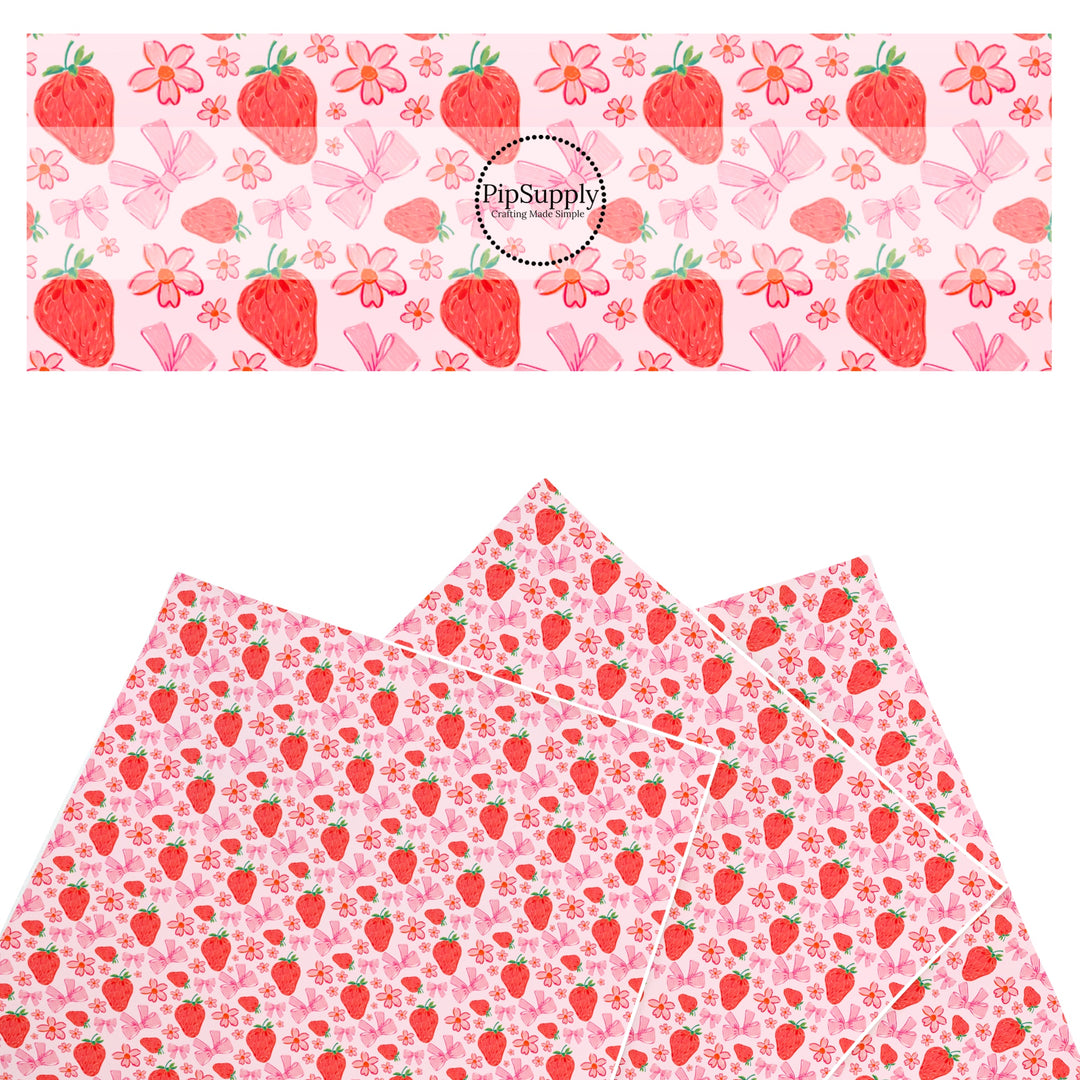 These spring themed faux leather sheets contain the following design elements: red strawberries, bows, and flowers on pink. Our CPSIA compliant faux leather sheets or rolls can be used for all types of crafting projects.