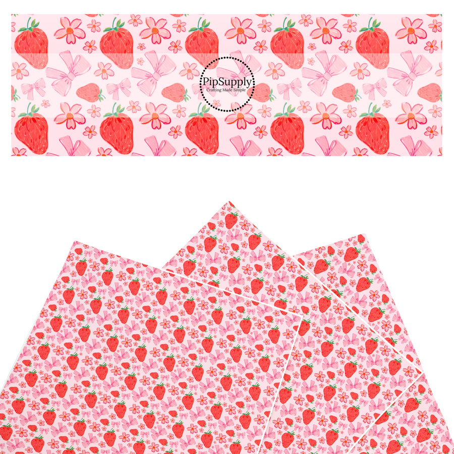 These spring themed faux leather sheets contain the following design elements: red strawberries, bows, and flowers on pink. Our CPSIA compliant faux leather sheets or rolls can be used for all types of crafting projects.