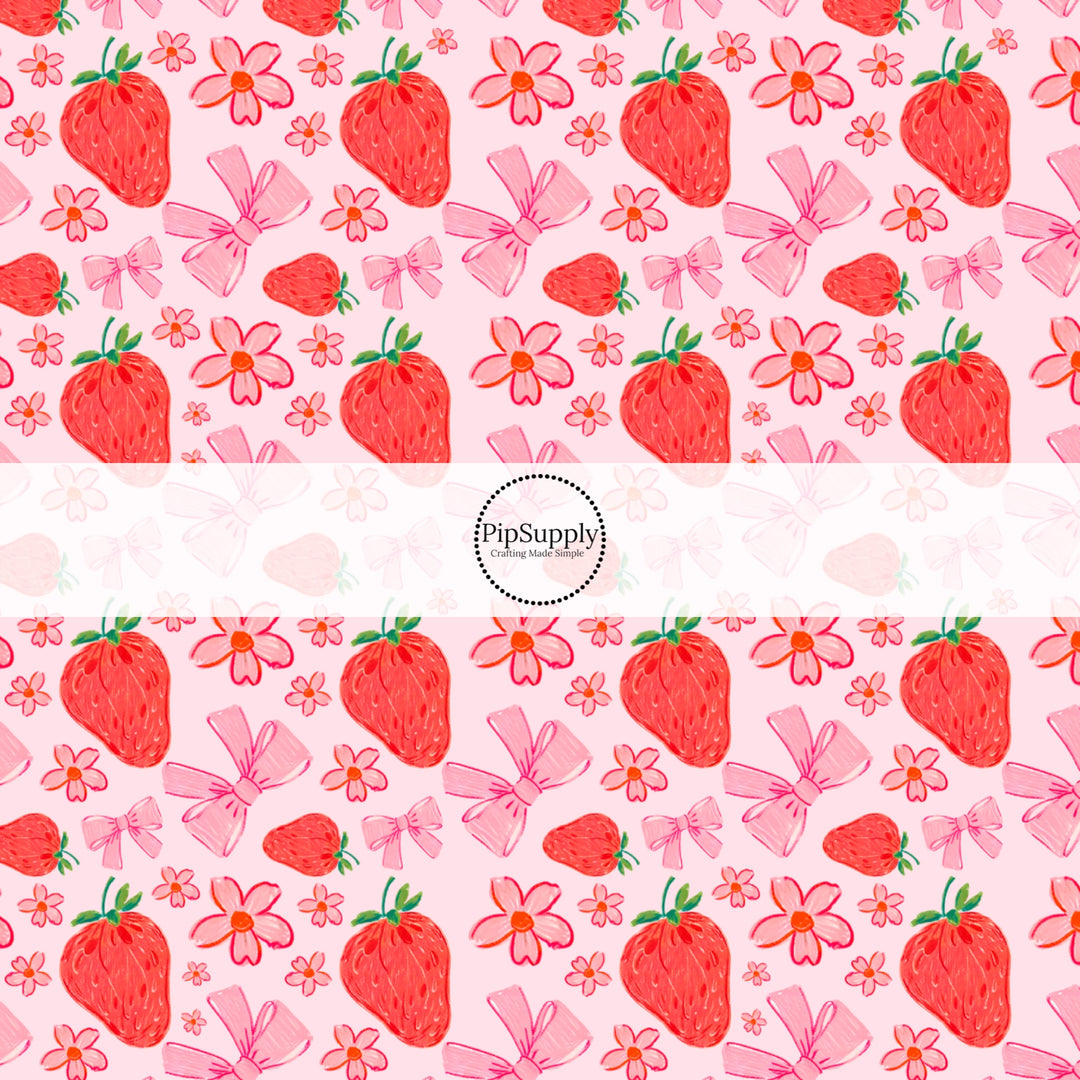 These fruit themed no sew bow strips can be easily tied and attached to a clip for a finished hair bow. These festive bow strips are great for personal use or to sell. These bow strips feature the following design elements: red strawberries, bows, and flowers on pink.