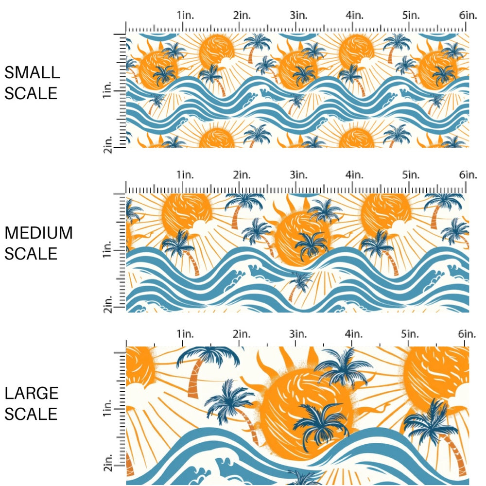 These beach themed fabric by the yard features sun and waves. This fun pattern fabric can be used for all your sewing and crafting needs!