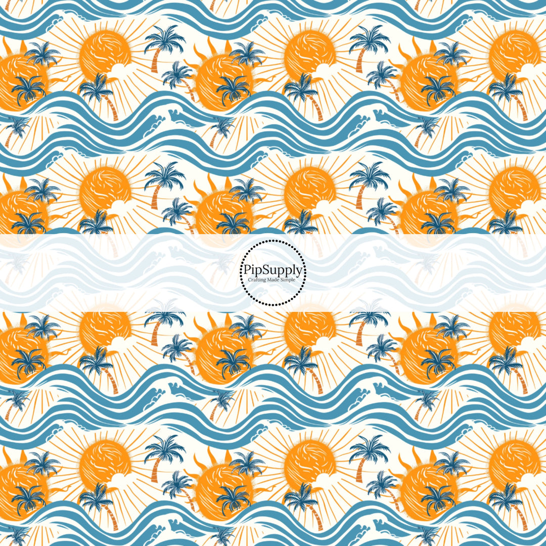These beach themed fabric by the yard features sun and waves. This fun pattern fabric can be used for all your sewing and crafting needs!