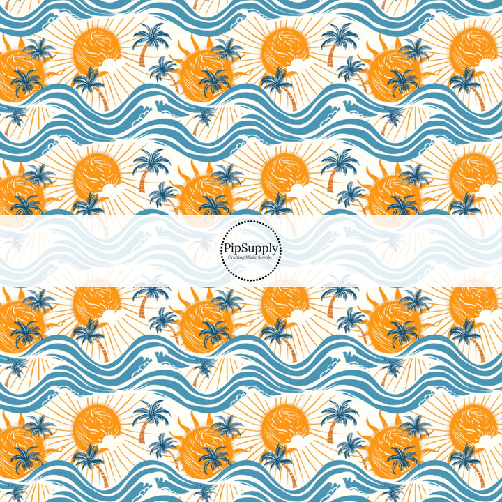 These beach themed fabric by the yard features sun and waves. This fun pattern fabric can be used for all your sewing and crafting needs!
