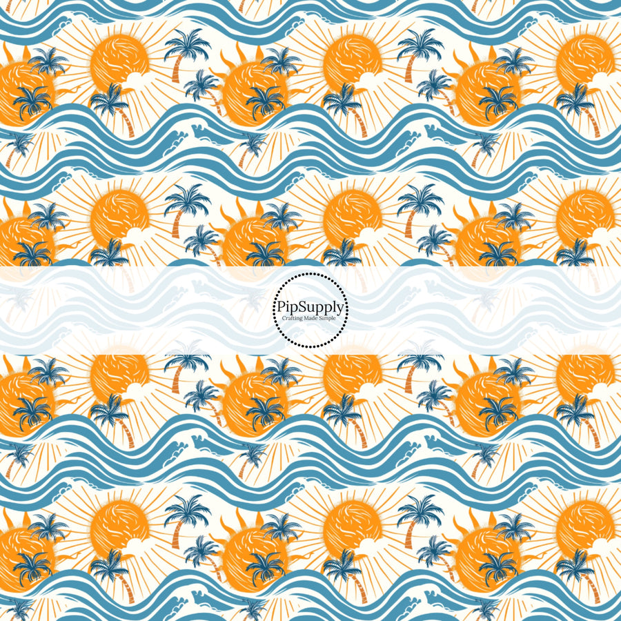 These beach themed fabric by the yard features sun and waves. This fun pattern fabric can be used for all your sewing and crafting needs!