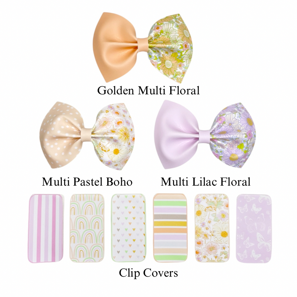 These boho spring flowers, rainbows, and stripe themed faux leather bow cutouts are ready to cut and assemble for many craft projects. These patterned cutouts can be used to make a hair bow, headband, banner, photo props, scrapbook, party or classroom decorations, bulletin board trim or anything creative!