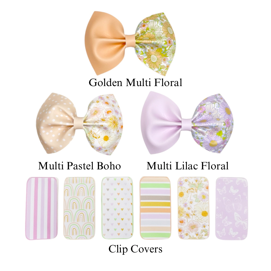These boho spring flowers, rainbows, and stripe themed faux leather bow cutouts are ready to cut and assemble for many craft projects. These patterned cutouts can be used to make a hair bow, headband, banner, photo props, scrapbook, party or classroom decorations, bulletin board trim or anything creative!