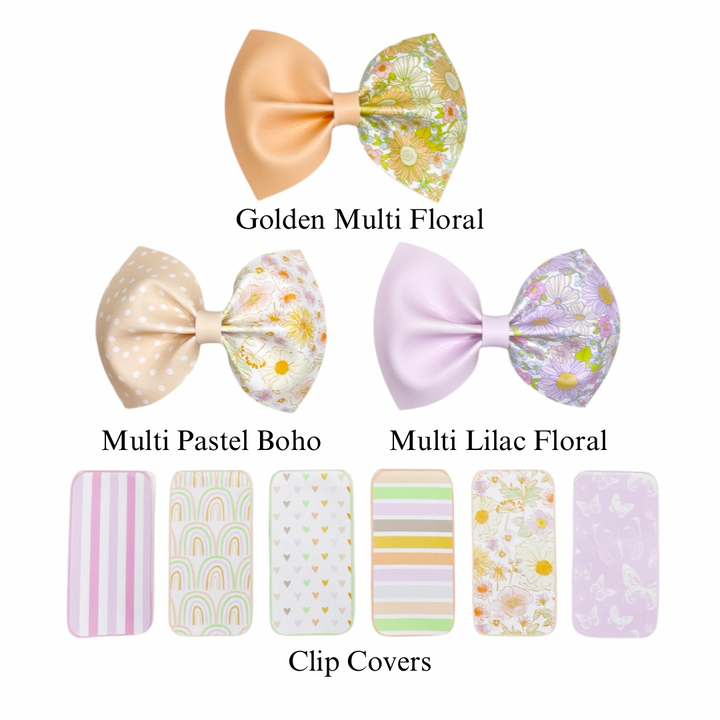These boho spring flowers, rainbows, and stripe themed faux leather bow cutouts are ready to cut and assemble for many craft projects. These patterned cutouts can be used to make a hair bow, headband, banner, photo props, scrapbook, party or classroom decorations, bulletin board trim or anything creative!
